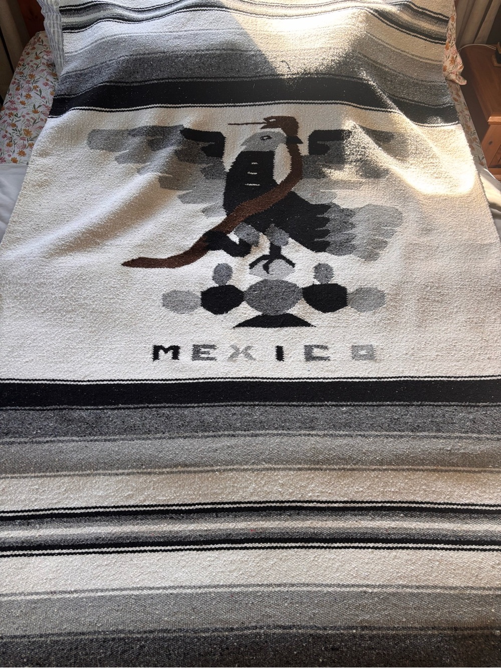 Blanket Hand Woven Wool Mexico Throw Striped Bird Eagle Snake Black 80” x 45”